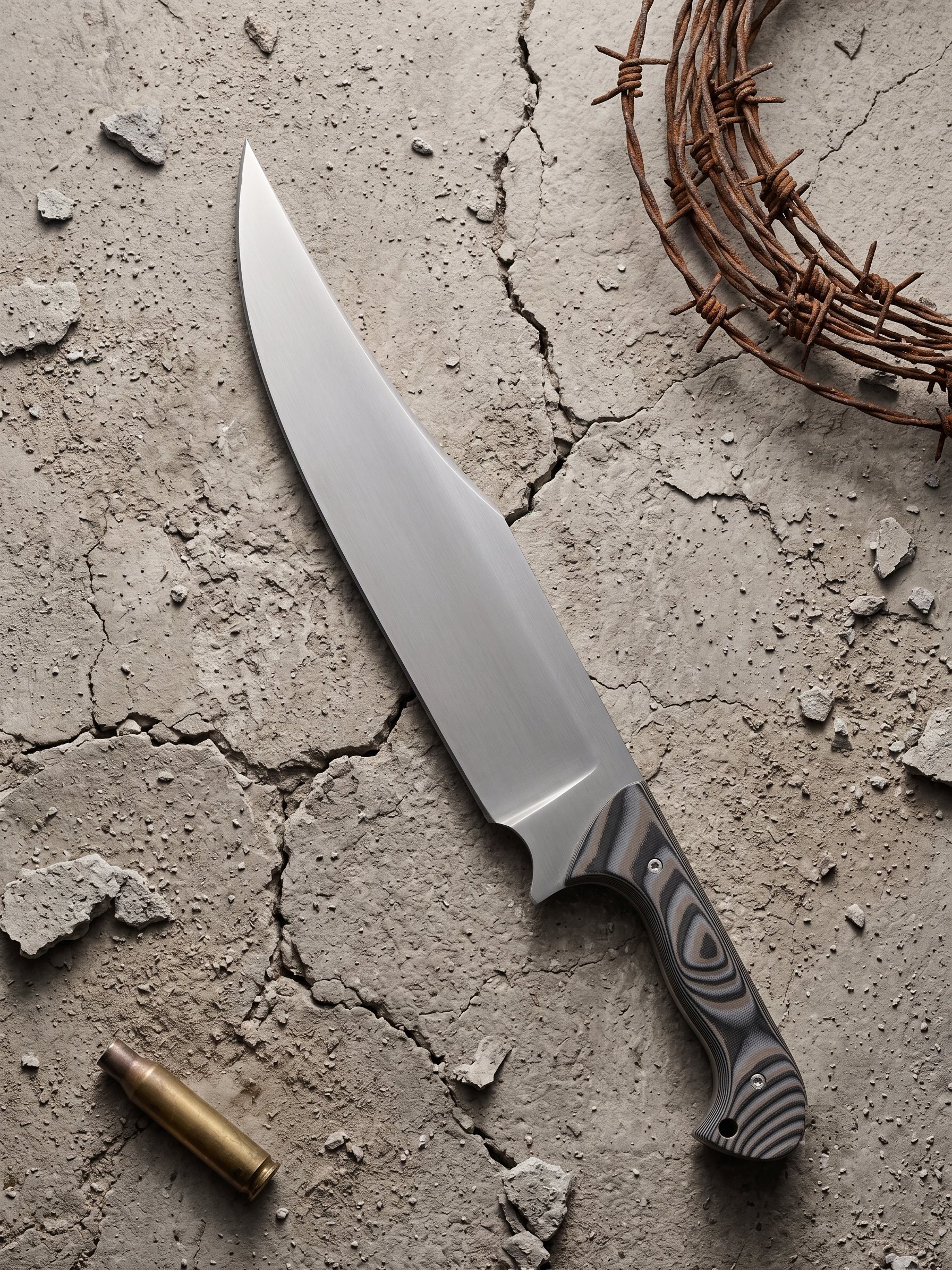 Big Bowie mit G10-Griff auf Beton mit Stacheldraht
