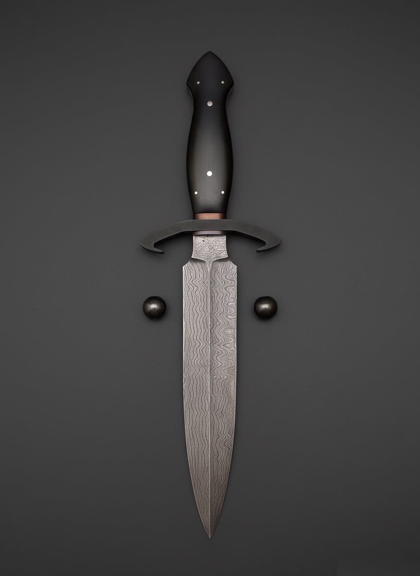 Black Knight Damast-Dolch mit schwarzem Griff und geschwungener Parierstange im Studio