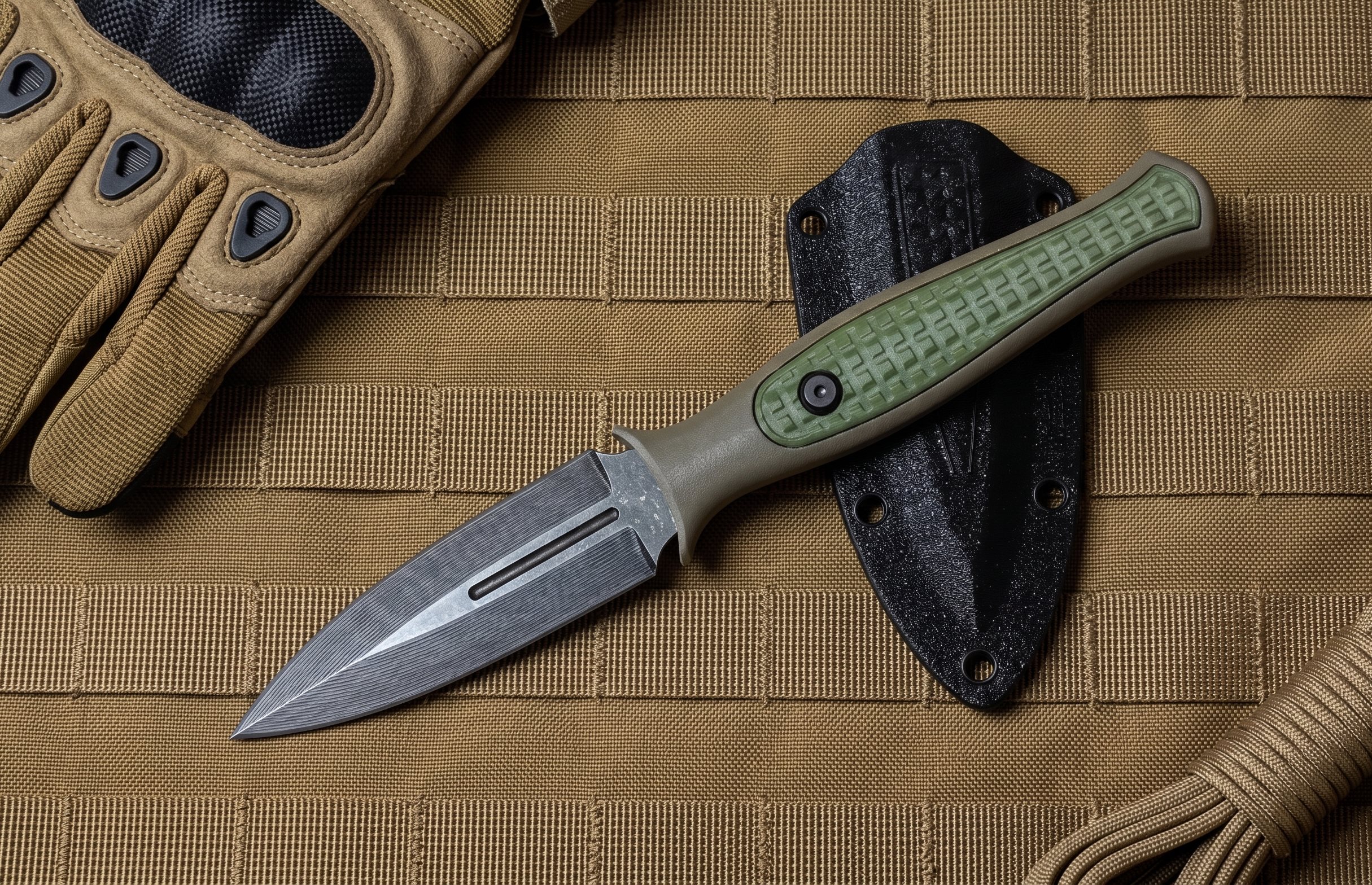 Gambler Boot-Dagger in schwarzer Kydex-Scheide auf coyote-farbener MOLLE-Tasche mit Paracord